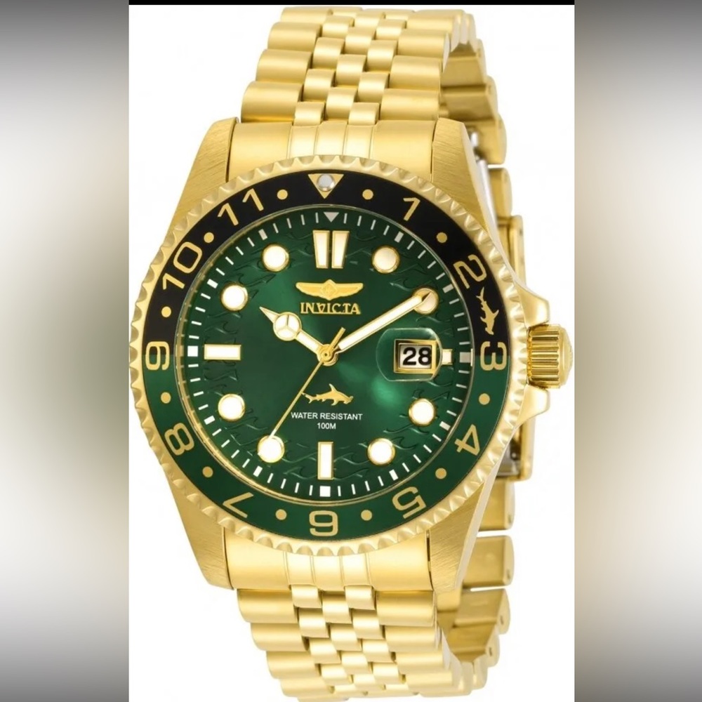 Invicta Pro Diver 30623 Gold Band Green Dial 43mm Case Wrist Watch for Men - New